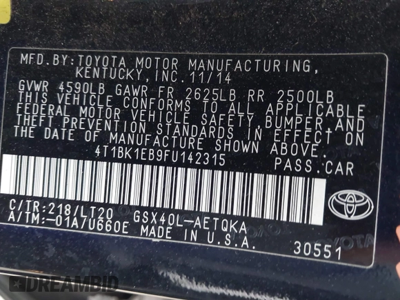 2015 Toyota Avalon Limited with VIN 4T1BK1EB9FU142315, listed as a IAAI auction lot 41579567 with 135,391 mi miles and . Bid and sale history available at DreamBid. Image 9.