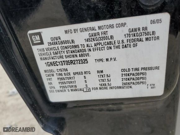 2005 Chevrolet Tahoe Z71 with VIN 1GNEC13T05R272325, listed as a Copart auction lot 39280284 with 155,434 mi miles and Salvage Title. Bid and sale history available at carsss.com. Image 15.