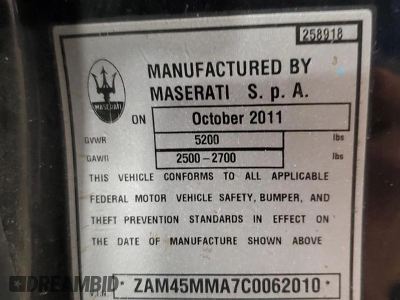 2012 Maserati GranTurismo Sport z VIN ZAM45MMA7C0062010, wystawiony jako Copart lot #59426994 z przebiegiem 49 936 mil mil oraz Szkoda całkowita • Salvage title. Historia ofert i sprzedaży dostępna na DreamBid. Obrazek 12.