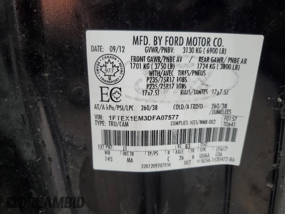 2013 Ford F-150 XL with VIN 1FTEX1EM3DFA07577, listed as a Copart auction lot 44247345 with 324,437 mi miles and Salvage title. Bid and sale history available at DreamBid. Image 12.