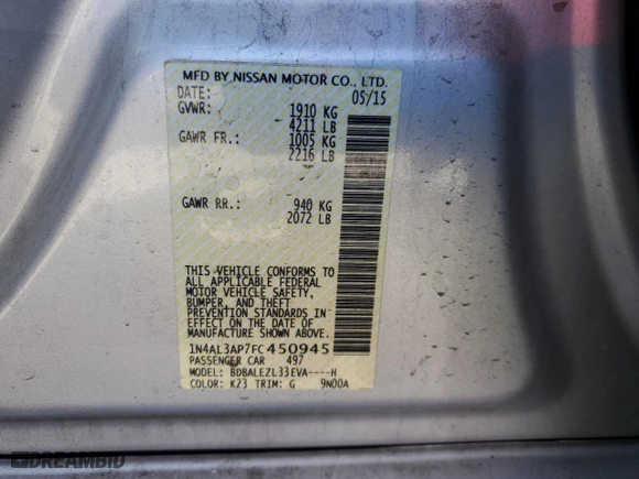 2015 Nissan Altima 2.5 S with VIN 1N4AL3AP7FC450945, listed as a Copart auction lot 48734995 with 0 mi miles and Salvage Title. Bid and sale history available at carsss.com. Image 12.