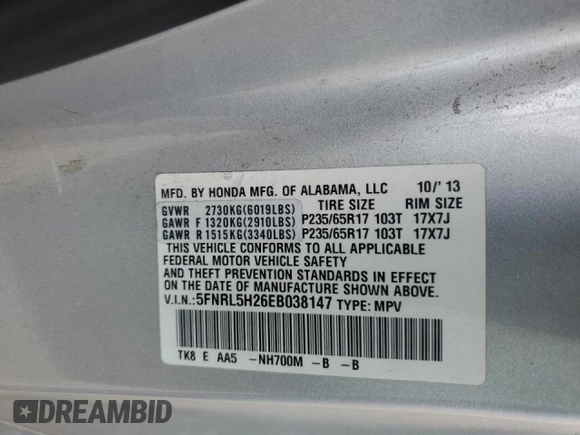 2014 Honda Odyssey LX с VIN 5FNRL5H26EB038147, выставлен на аукционе Copart как лот 50993035 с пробегом Не указан миль и Списание • Salvage title. История ставок и продаж доступна на DreamBid. Изображение 13.