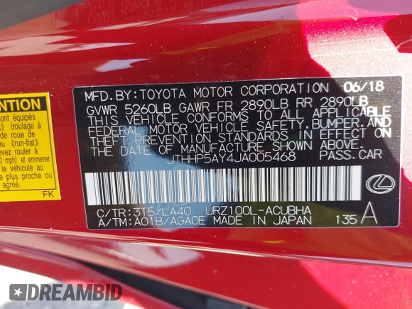 2018 Lexus LC 500h z VIN JTHHP5AY4JA005468, wystawiony jako IAAI lot #40055011 z przebiegiem Nie podano mil oraz . Historia ofert i sprzedaży dostępna na DreamBid. Obrazek 9.