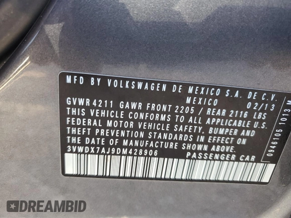2013 Volkswagen Jetta SE with VIN 3VWDX7AJ9DM428906, listed as a Copart auction lot 46055434 with 175,004 mi miles and Non repairable. Bid and sale history available at DreamBid. Image 12.