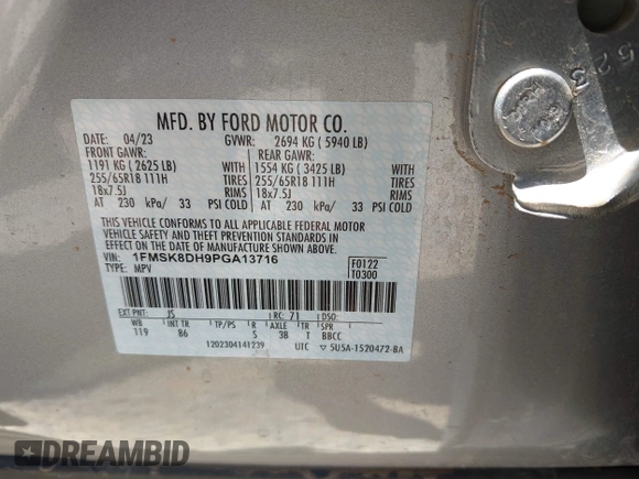 2023 Ford Explorer XLT с VIN 1FMSK8DH9PGA13716, выставлен на аукционе IAAI как лот 42054170 с пробегом 27 243 миль миль и . История ставок и продаж доступна на DreamBid. Изображение 9.