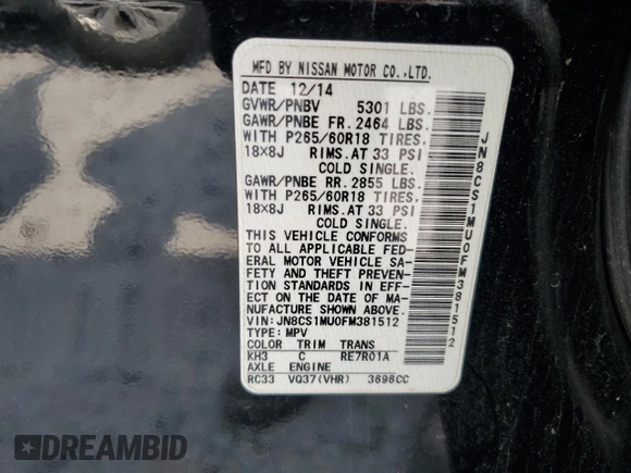 2015 Infiniti QX70 с VIN JN8CS1MU0FM381512, выставлен на аукционе Copart как лот 58560475 с пробегом 91 656 миль миль и Списание • Salvage title. История ставок и продаж доступна на DreamBid. Изображение 12.