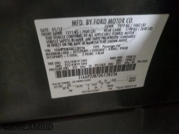 2013 Ford Taurus Limited with VIN 1FAHP2J87DG128236, listed as a Copart auction lot 86337974 with Not provided miles and Salvage title. Bid and sale history available at DreamBid. Image 12.