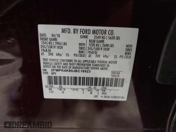 2018 Ford Edge Titanium with VIN 2FMPK4K89JBC18923, listed as a IAAI auction lot 41879343 with 75,683 mi miles. Bid and sale history available at carsss.com. Image 9.