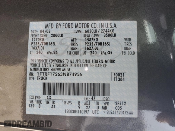 2003 Ford F-150 XL with VIN 1FTRF17263NB74956, listed as a Copart auction lot 55093555 with 73,664 mi miles and Clean Title. Bid and sale history available at DreamBid. Image 12.
