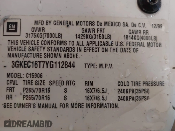 2000 GMC Yukon XL SLT with VIN 3GKEC16T7YG112844, listed as a IAAI auction lot 41374619 with 310,321 mi miles and . Bid and sale history available at DreamBid. Image 9.