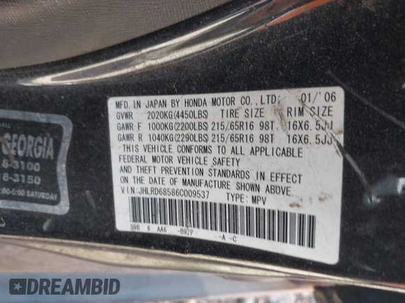 2006 Honda CR-V LX with VIN JHLRD68586C009537, listed as a IAAI auction lot 42029852 with 160,311 mi miles and . Bid and sale history available at DreamBid. Image 9.