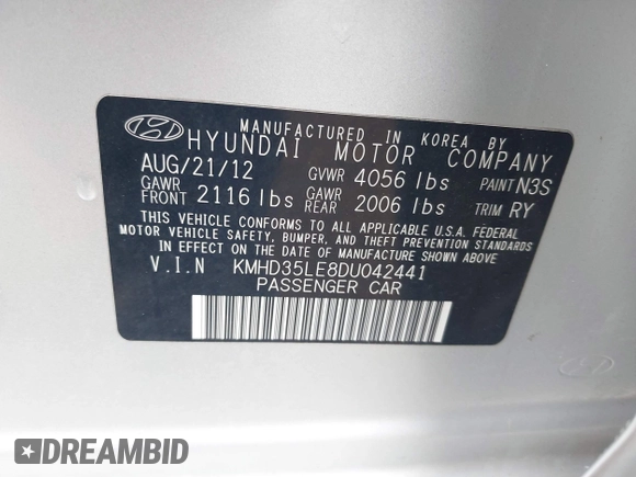 2013 Hyundai Elantra with VIN KMHD35LE8DU042441, listed as a IAAI auction lot 42432265 with 81,409 mi miles and . Bid and sale history available at DreamBid. Image 9.