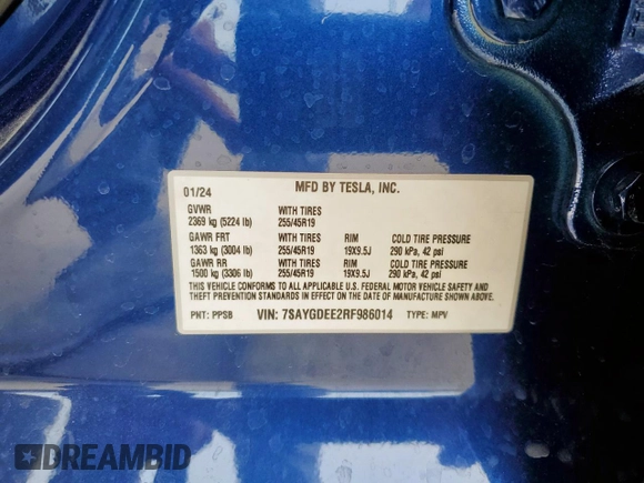 2024 Tesla Model Y Long Range with VIN 7SAYGDEE2RF986014, listed as a Copart auction lot 55791145 with 12,344 mi miles and Salvage title. Bid and sale history available at DreamBid. Image 14.