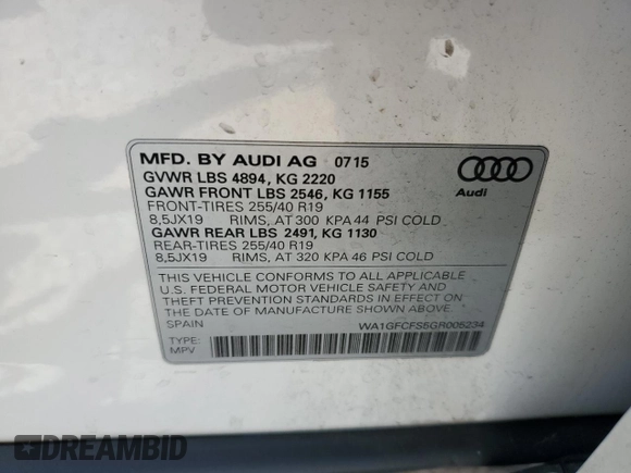 2016 Audi Q3 Prestige with VIN WA1GFCFS5GR005234, listed as a Copart auction lot 48054155 with 79,437 mi miles and Salvage Title. Bid and sale history available at carsss.com. Image 14.
