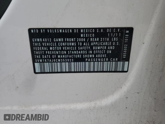 2012 Volkswagen Jetta S with VIN 3VW1K7AJ6CM353923, listed as a Copart auction lot 58059285 with 151,320 mi miles and Salvage title. Bid and sale history available at DreamBid. Image 12.