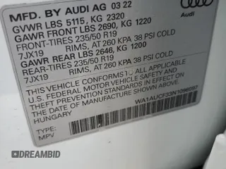 2022 Audi Q3 Premium with VIN WA1AUCF33N1096097, listed as a Copart auction lot 47819003 with 6,838 mi miles. Bid and sale history available at carsss.com. Image 13.