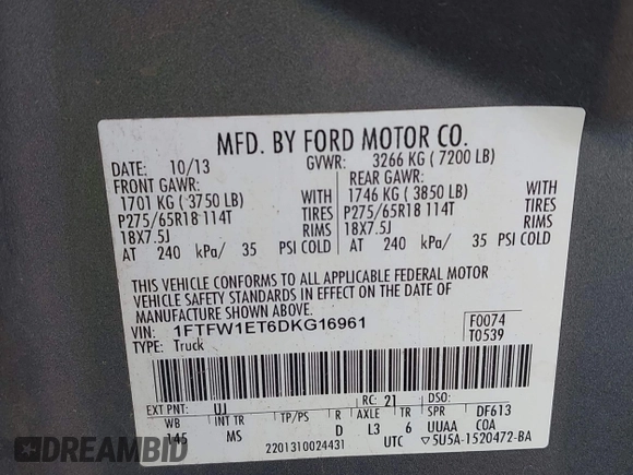 2013 Ford F-150 XL with VIN 1FTFW1ET6DKG16961, listed as a IAAI auction lot 42252221 with 187,924 mi miles and . Bid and sale history available at DreamBid. Image 9.