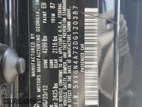 2013 Kia Optima EX with VIN 5XXGN4A72DG120387, listed as a Copart auction lot 59125265 with 150,083 mi miles and Salvage title. Bid and sale history available at DreamBid. Image 12.