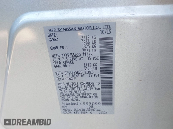 2015 Infiniti QX60 with VIN 5N1AL0MN7FC553099, listed as a IAAI auction lot 42094321 with 100,023 mi miles and . Bid and sale history available at DreamBid. Image 9.