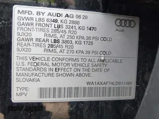 2020 Audi Q7 Premium with VIN WA1AXAF74LD011455, listed as a IAAI auction lot 41674599 with 37,561 mi miles. Bid and sale history available at carsss.com. Image 9.