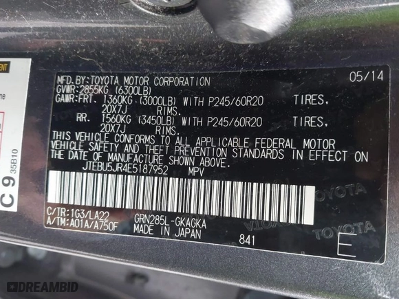 2014 Toyota 4Runner Limited with VIN JTEBU5JR4E5187952, listed as a IAAI auction lot 41261872 with 96,553 mi miles. Bid and sale history available at carsss.com. Image 9.
