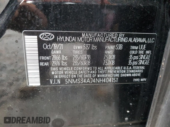 2022 Hyundai Santa Fe SEL with VIN 5NMS34AJ4NH404151, listed as a Copart auction lot 51321385 with 27,754 mi miles and Salvage Title. Bid and sale history available at DreamBid. Image 15.