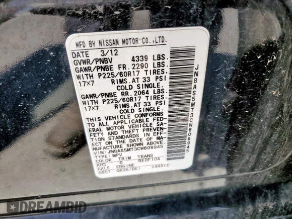 2012 Nissan Rogue SL with VIN JN8AS5MT3CW609945, listed as a Copart auction lot 54156695 with 148,550 mi miles and Clean Title. Bid and sale history available at DreamBid. Image 13.