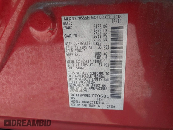 2014 Nissan Rogue S with VIN 5N1AT2MV9EC770681, listed as a IAAI auction lot 41705077 with 169,867 mi miles. Bid and sale history available at carsss.com. Image 9.