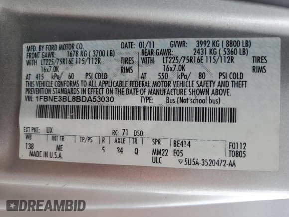 2011 Ford Econoline Passenger XL with VIN 1FBNE3BL8BDA53030, listed as a Copart auction lot 69919024 with 196,386 mi miles and Salvage Title. Bid and sale history available at DreamBid. Image 14.