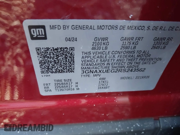 2024 Chevrolet Equinox LT with VIN 3GNAXUEG2RS243562, listed as a IAAI auction lot 41448840 with 3,004 mi miles and . Bid and sale history available at DreamBid. Image 9.