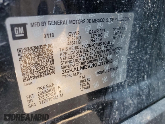 2019 GMC Terrain SLE z VIN 3GKALMEV2KL117998, wystawiony jako Copart lot #62919505 z przebiegiem 111 587 mil mil oraz Czysty tytuł • Clean title. Historia ofert i sprzedaży dostępna na DreamBid. Obrazek 13.
