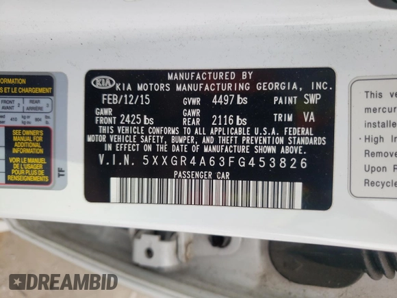 2015 Kia Optima SX Turbo with VIN 5XXGR4A63FG453826, listed as a Copart auction lot 46898225 with 140,782 mi miles and Salvage Title. Bid and sale history available at carsss.com. Image 12.