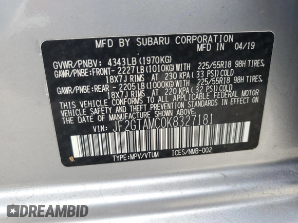 2019 Subaru Crosstrek Limited with VIN JF2GTAMC0K8327181, listed as a Copart auction lot 52722525 with 51,246 mi miles and Salvage title. Bid and sale history available at DreamBid. Image 13.