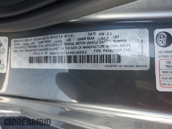 2012 Volkswagen Beetle 2.0T Turbo w/Sun/Snd/Nav PZEV with VIN 3VWVA7AT1CM609293, listed as a Copart auction lot 43752095 with 92,048 mi miles and Salvage Title. Bid and sale history available at carsss.com. Image 13.