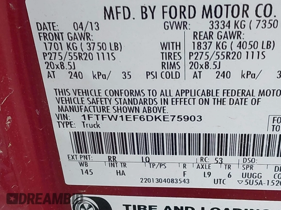 2013 Ford F-150 XL with VIN 1FTFW1EF6DKE75903, listed as a IAAI auction lot 41715677 with 149,051 mi miles. Bid and sale history available at carsss.com. Image 9.