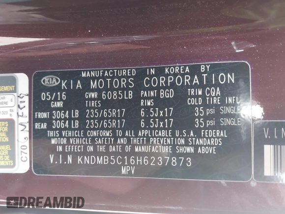 2017 Kia Sedona LX with VIN KNDMB5C16H6237873, listed as a IAAI auction lot 41914092 with 105,900 mi miles and . Bid and sale history available at DreamBid. Image 9.