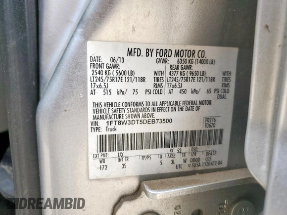 2013 Ford F-350 XL с VIN 1FT8W3DT5DEB73500, выставлен на аукционе Copart как лот 57123015 с пробегом 246 990 миль миль и Списание • Salvage title. История ставок и продаж доступна на DreamBid. Изображение 12.