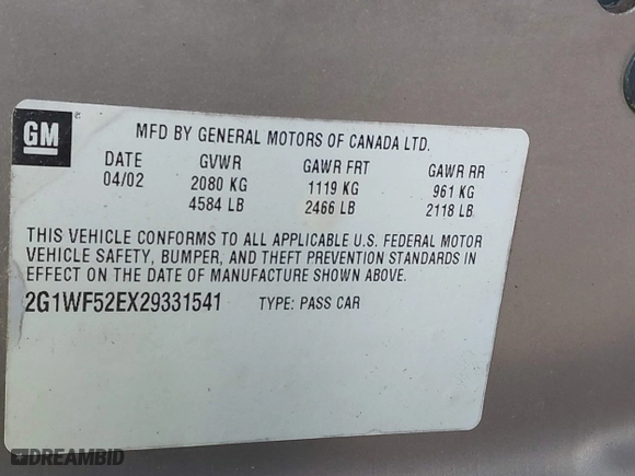 2002 Chevrolet Impala with VIN 2G1WF52EX29331541, listed as a IAAI auction lot 40581782 with 1 mi miles. Bid and sale history available at carsss.com. Image 9.
