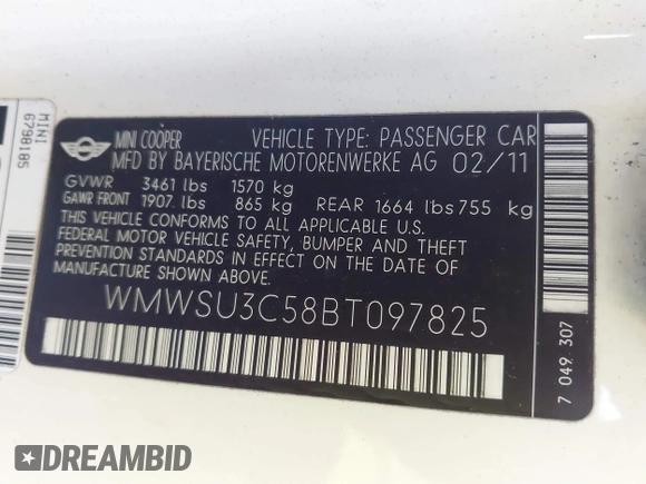 2011 MINI Hardtop with VIN WMWSU3C58BT097825, listed as a IAAI auction lot 42040442 with 141,978 mi miles and . Bid and sale history available at DreamBid. Image 9.