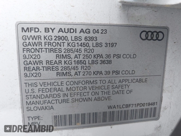 2023 Audi Q7 Premium Plus with VIN WA1LCBF71PD019481, listed as a IAAI auction lot 42201866 with 23,144 mi miles and . Bid and sale history available at DreamBid. Image 9.
