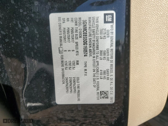 2013 Chevrolet Avalanche LS with VIN 3GNMCEE03DG160574, listed as a Copart auction lot 85136564 with 124,149 mi miles and Salvage Title. Bid and sale history available at carsss.com. Image 12.