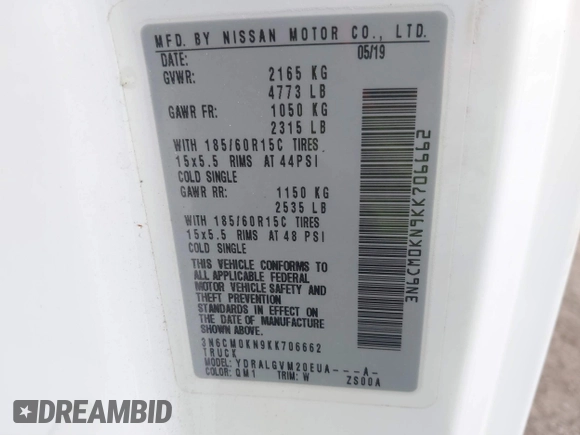 2019 Nissan NV200 Compact Cargo S with VIN 3N6CM0KN9KK706662, listed as a IAAI auction lot 41684979 with 58,988 mi miles. Bid and sale history available at carsss.com. Image 9.