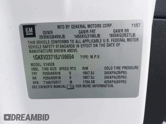 2008 GMC Acadia SLT1 z VIN 1GKEV23718J199694, wystawiony jako IAAI lot #42240398 z przebiegiem 203 485 mil mil oraz . Historia ofert i sprzedaży dostępna na DreamBid. Obrazek 9.