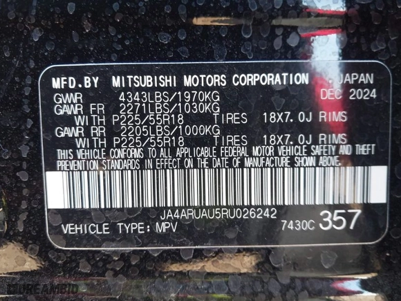 2024 Mitsubishi Outlander Sport S with VIN JA4ARUAU5RU026242, listed as a IAAI auction lot 42014725 with 2,128 mi miles. Bid and sale history available at carsss.com. Image 9.