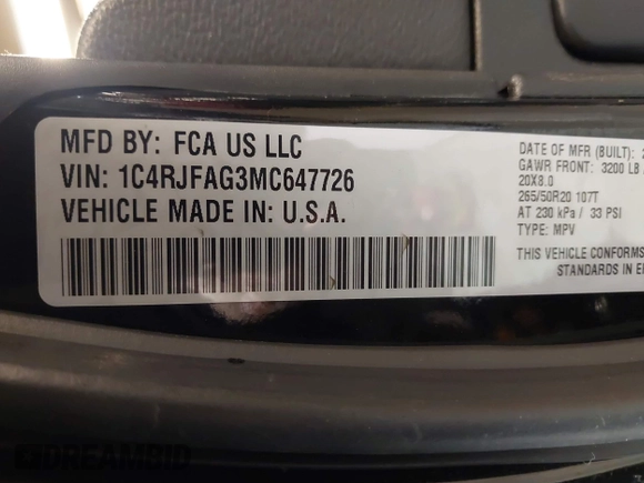 2021 Jeep Grand Cherokee Laredo X with VIN 1C4RJFAG3MC647726, listed as a IAAI auction lot 38421907 with 56,514 mi miles and . Bid and sale history available at DreamBid. Image 9.