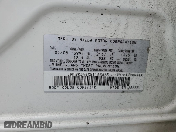 2008 Mazda 3 S GT with VIN JM1BK344X81163665, listed as a Copart auction lot 53690955 with 184,056 mi miles and Salvage Title. Bid and sale history available at DreamBid. Image 12.