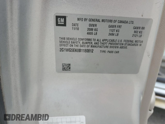 2011 Chevrolet Impala LT Fleet with VIN 2G1WG5EK8B1180812, listed as a Copart auction lot 88100245 with 172,396 mi miles and Salvage title. Bid and sale history available at DreamBid. Image 12.