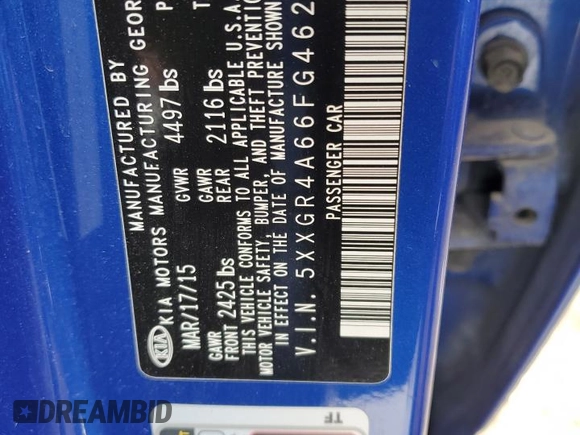 2015 Kia Optima SXL Turbo with VIN 5XXGR4A66FG462018, listed as a Copart auction lot 50087995 with Not Provided miles and Salvage Title. Bid and sale history available at DreamBid. Image 14.