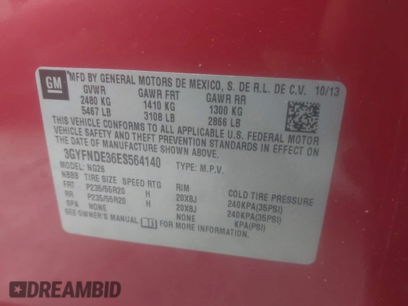 2014 Cadillac SRX Premium Collection with VIN 3GYFNDE36ES564140, listed as a IAAI auction lot 42070008 with 69,768 mi miles and . Bid and sale history available at DreamBid. Image 9.