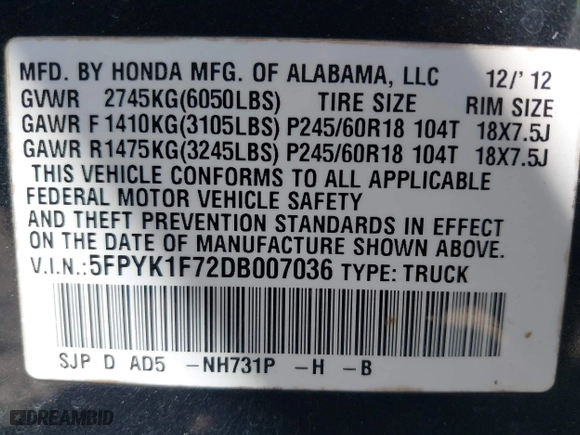 2013 Honda Ridgeline Sport with VIN 5FPYK1F72DB007036, listed as a IAAI auction lot 41846541 with 133,391 mi miles. Bid and sale history available at carsss.com. Image 9.